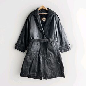 VTG Phase 2 Men's 2X Black Leather Trench Coat Fur Lined Belted Long Coat Jacket